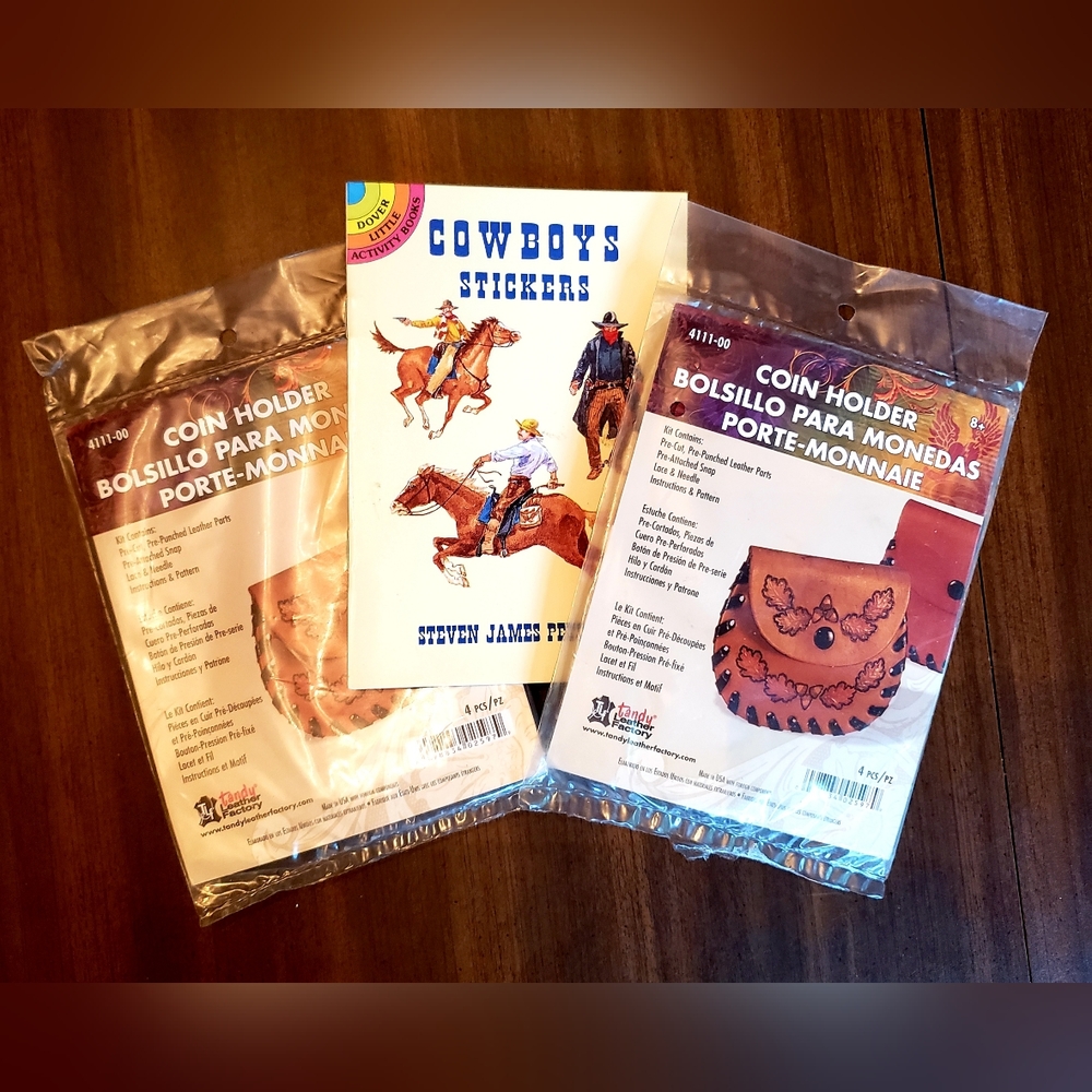 VINTAGE Tandy Leather Coin Holder Kits (2) and VINTAGE Cowboys Sticker Book